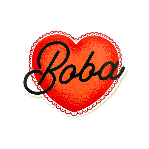 Red heart sticker with black hand-drawn script typography reading “boba” in a clean, minimalist bubble tea-inspired style.