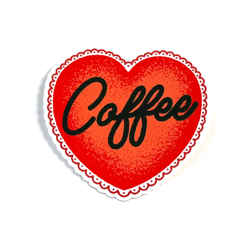 A heart-shaped sticker with a red textured center, the word 'Coffee' in black script across the middle, and a scalloped white border on a white background.
