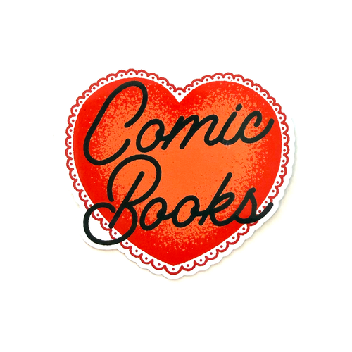 Red heart sticker with black hand-drawn script typography reading “Comic books” in a clean, minimalist fandom-inspired style.