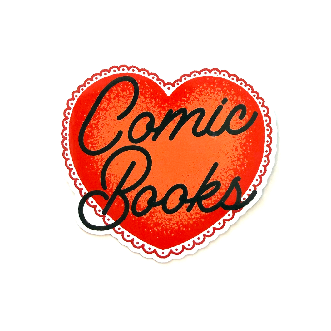 Red heart sticker with black hand-drawn script typography reading “Comic books” in a clean, minimalist fandom-inspired style.