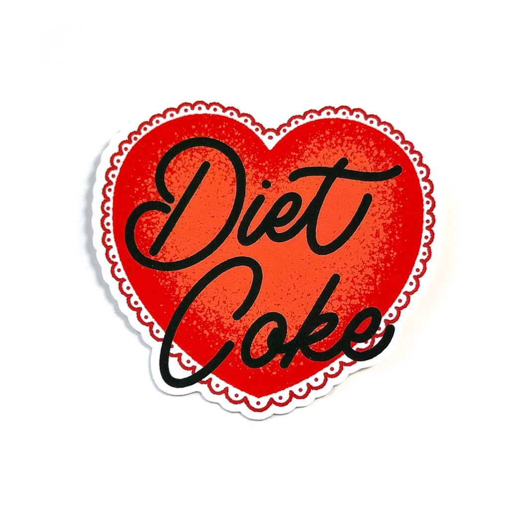 A red heart-shaped sticker with a white scalloped border features the words Diet Coke written in bold black cursive lettering.