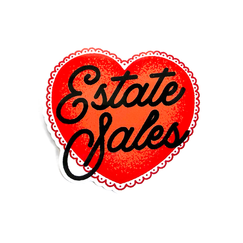 Red heart sticker with black hand-drawn script typography reading “Estate Sales” in a clean, minimalist vintage-inspired style.
