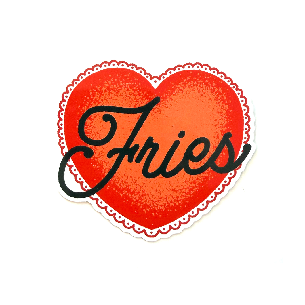 Red heart sticker with black hand-drawn script typography reading “Fries” in a clean, minimalist food-inspired style.