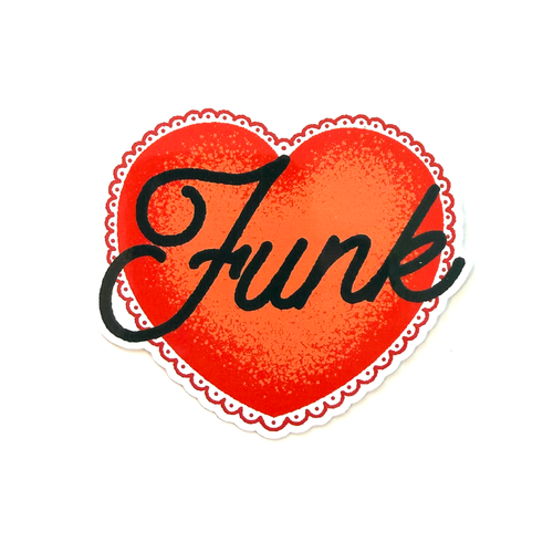 Red heart sticker with black hand-drawn script typography reading “Funk” in a clean, minimalist music-inspired style.