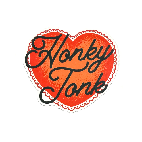 Red heart sticker with black hand-drawn script typography reading “Honky Tonk” in a clean, minimalist country music-inspired style.