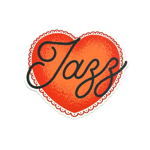 Red heart sticker with black hand-drawn script typography reading “Jazz” in a clean, minimalist music-inspired style.