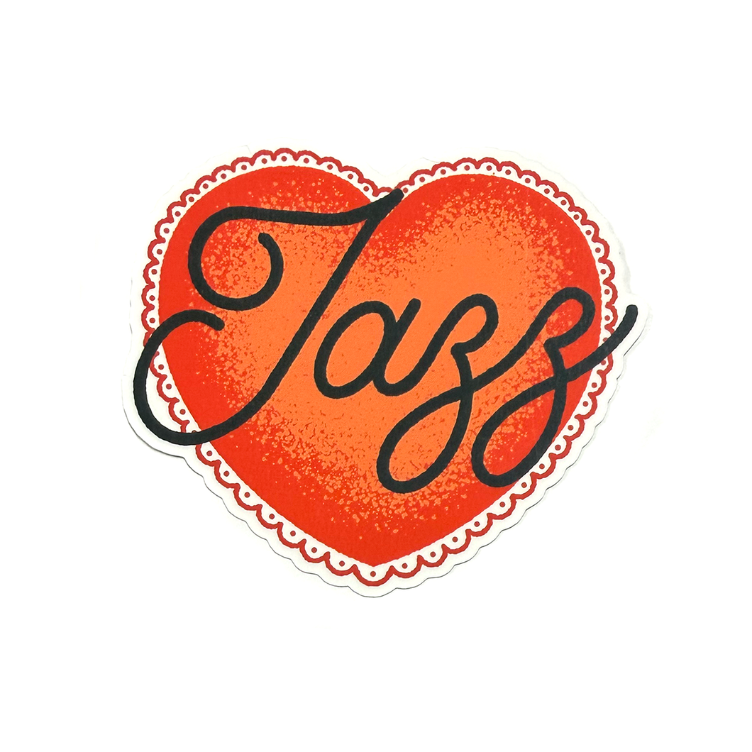 Red heart sticker with black hand-drawn script typography reading “Jazz” in a clean, minimalist music-inspired style.