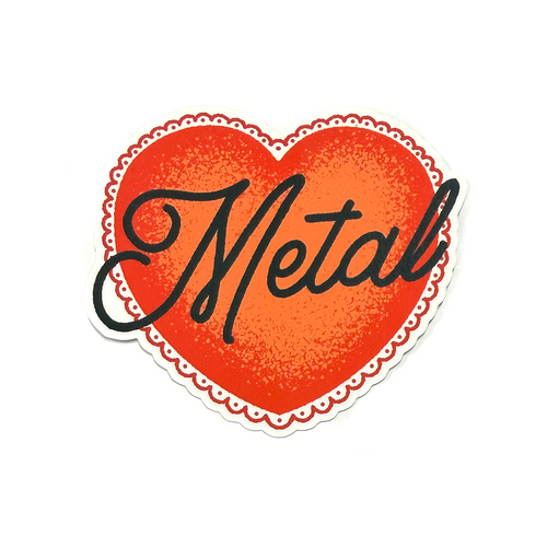 Red heart sticker with black hand-drawn script typography reading “Metal” in a clean, minimalist music-inspired style.