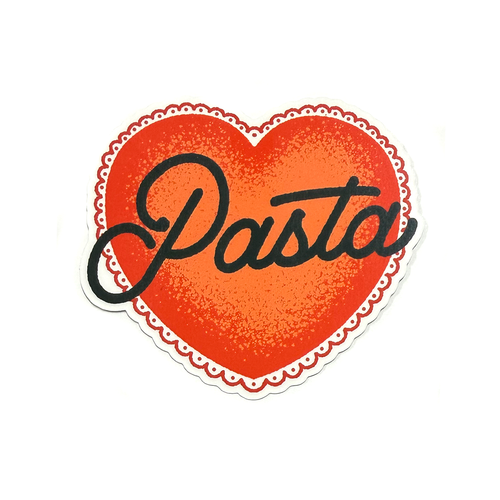 Red heart sticker with black hand-drawn script typography reading “Pasta” in a clean, minimalist food-inspired style.