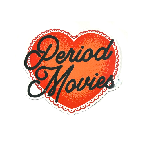Red heart sticker with black hand-drawn script typography reading “Period Movies” in a clean, minimalist cinema-inspired style.