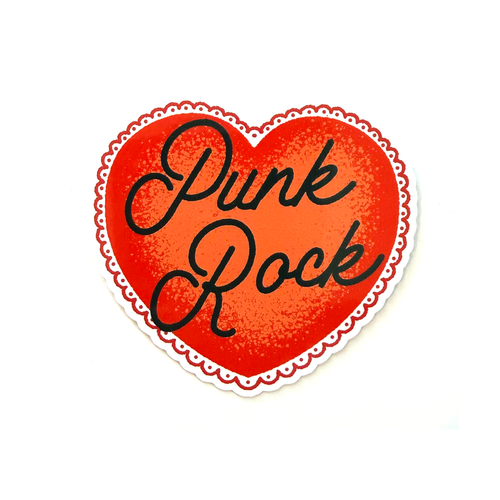 Red heart sticker with black hand-drawn script typography reading “Punk Rock” in a clean, minimalist music-inspired style.