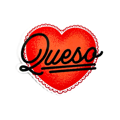 Red heart sticker with black hand-drawn script typography reading “Queso” in a clean, minimalist food-inspired style.