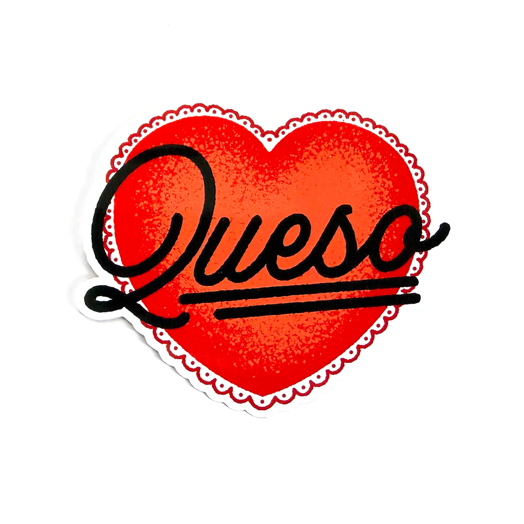 Red heart sticker with black hand-drawn script typography reading “Queso” in a clean, minimalist food-inspired style.