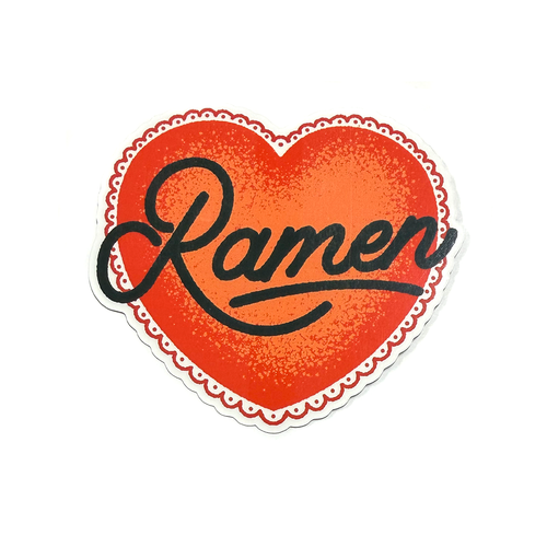 Red heart sticker with black hand-drawn script typography reading “Ramen” in a clean, minimalist food-inspired style.
