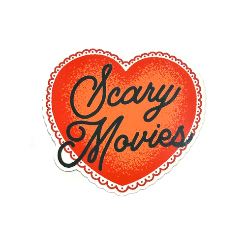 Red heart sticker with black hand-drawn script typography reading “Scary Movies” in a clean, minimalist horror-inspired style.