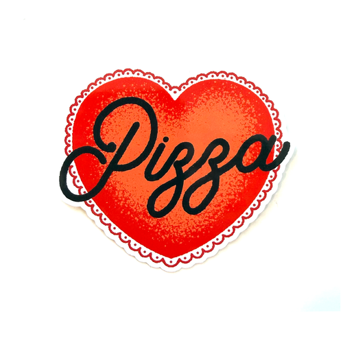 Red heart sticker with black hand-drawn script typography reading “Pizza” in a clean, minimalist style.