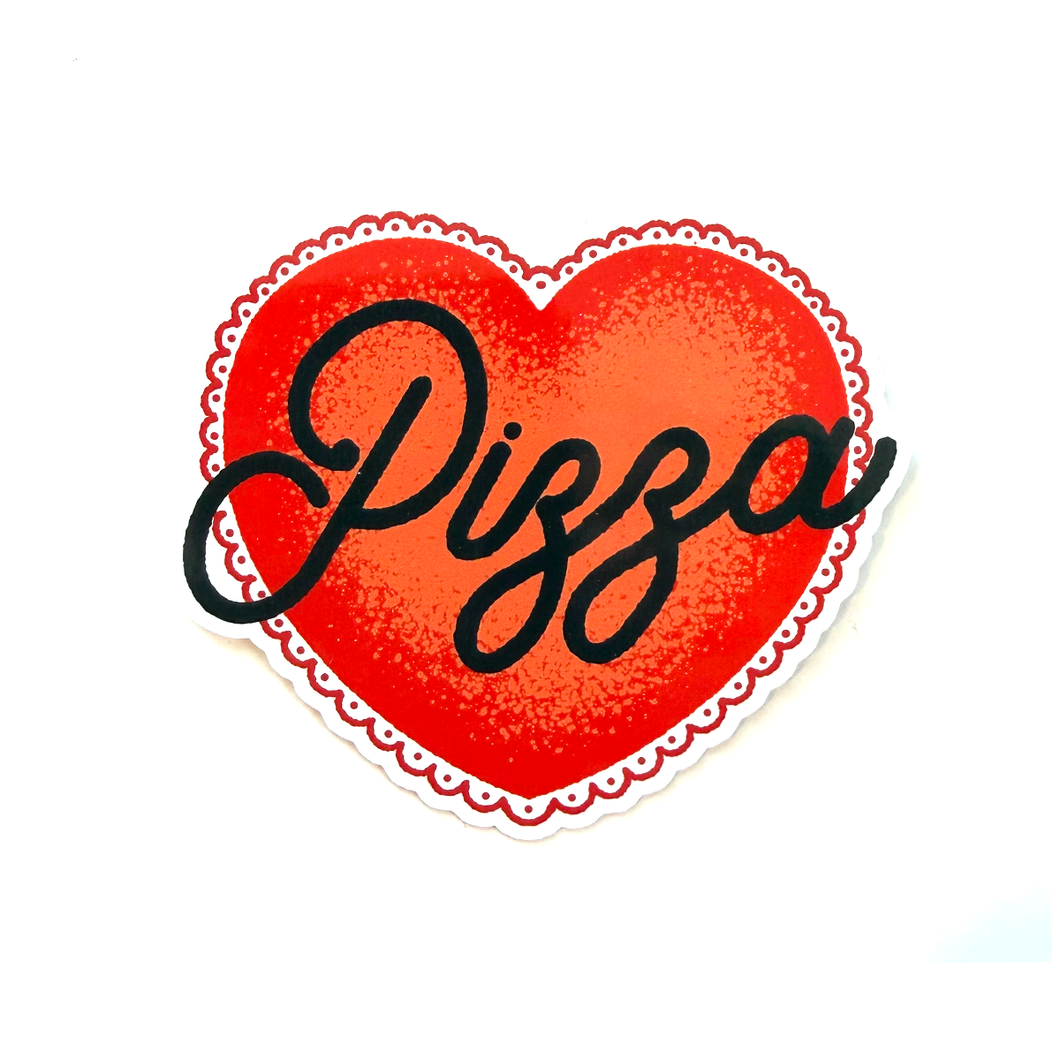 Red heart sticker with black hand-drawn script typography reading “Pizza” in a clean, minimalist style.