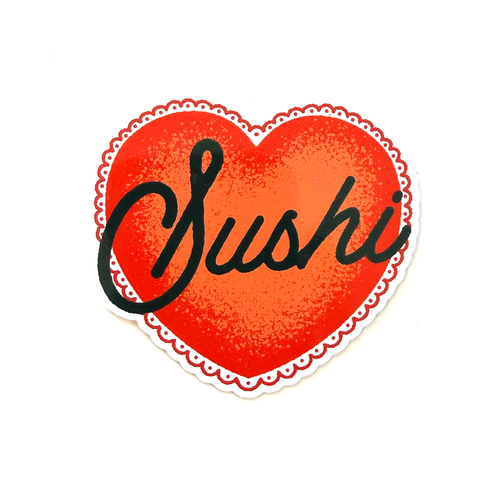 Red sticker with hand-drawn script typography reading “Sushi” in a bold, minimalist food-inspired style.