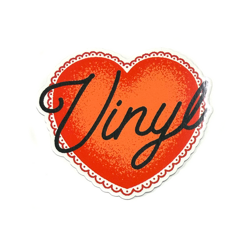 Red sticker with hand-drawn script typography reading “Vinyl” in a bold, minimalist vintage-inspired style.