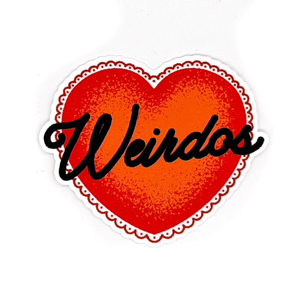 A heart-shaped sticker with a textured red center, a scalloped white border, and the word 'Weirdos' written across it in black cursive script, shown on a plain white background.