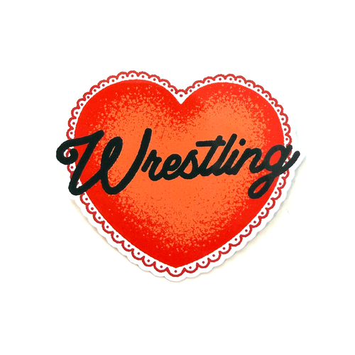 Red sticker with hand-drawn script typography reading “wrestling” in a bold, minimalist athletic style.
