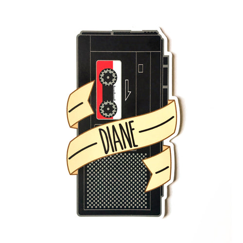 Illustrated vinyl sticker of a vintage hand-held tape recorder with a banner reading “Diane” — referencing Twin Peaks and Agent Dale Cooper.